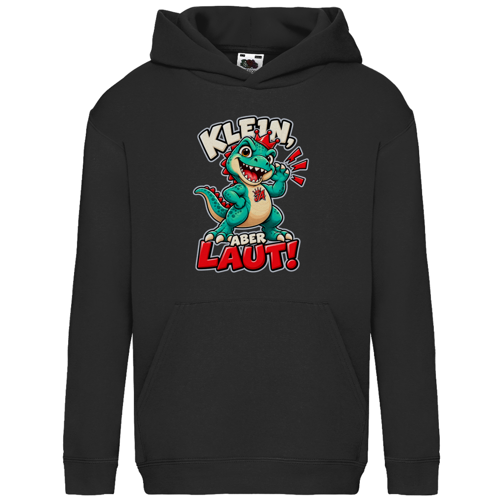JA Jano Klein aber laut – Kinder-Hoodie in Schwarz, Vorderansicht, Frontdruck: Jano, der JA-Dino: „Klein, aber laut!“ – Kindermotiv mit großer Klappe