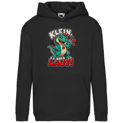 JA Jano Klein aber laut – Kinder-Hoodie in Schwarz, Vorderansicht, Frontdruck: Jano, der JA-Dino: „Klein, aber laut!“ – Kindermotiv mit großer Klappe
