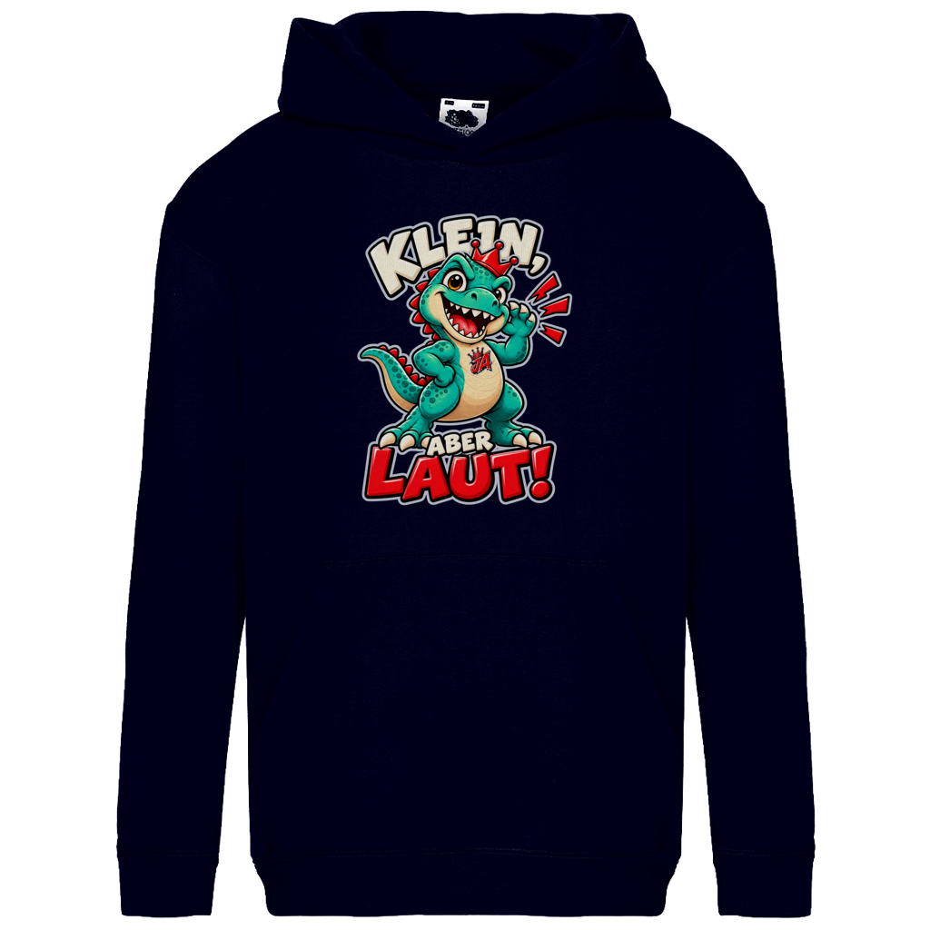 JA Jano Klein aber laut – Kinder-Hoodie in Dunkles Marineblau, Vorderansicht, Frontdruck: Jano, der JA-Dino: „Klein, aber laut!“ – Kindermotiv mit großer Klappe
