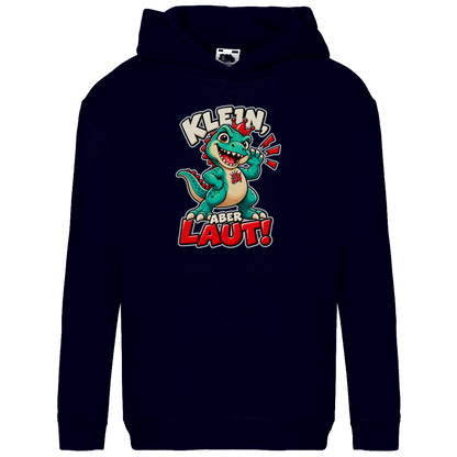 JA Jano Klein aber laut – Kinder-Hoodie in Dunkles Marineblau, Vorderansicht, Frontdruck: Jano, der JA-Dino: „Klein, aber laut!“ – Kindermotiv mit großer Klappe