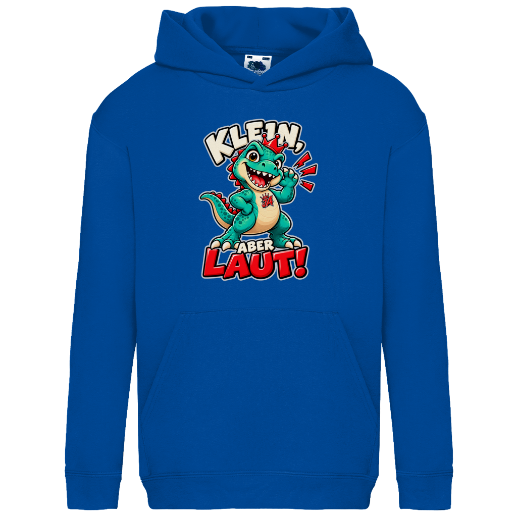 JA Jano Klein aber laut – Kinder-Hoodie in Royalblau, Vorderansicht, Frontdruck: Jano, der JA-Dino: „Klein, aber laut!“ – Kindermotiv mit großer Klappe