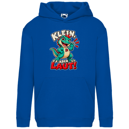 JA Jano Klein aber laut – Kinder-Hoodie in Royalblau, Vorderansicht, Frontdruck: Jano, der JA-Dino: „Klein, aber laut!“ – Kindermotiv mit großer Klappe