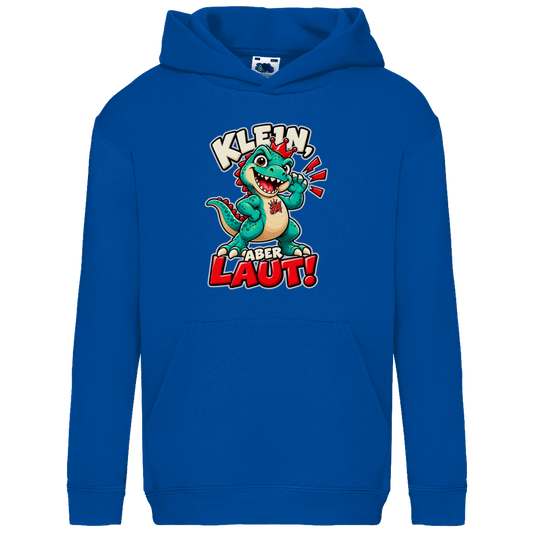 JA Jano Klein aber laut – Kinder-Hoodie in Royalblau, Vorderansicht, Frontdruck: Jano, der JA-Dino: „Klein, aber laut!“ – Kindermotiv mit großer Klappe