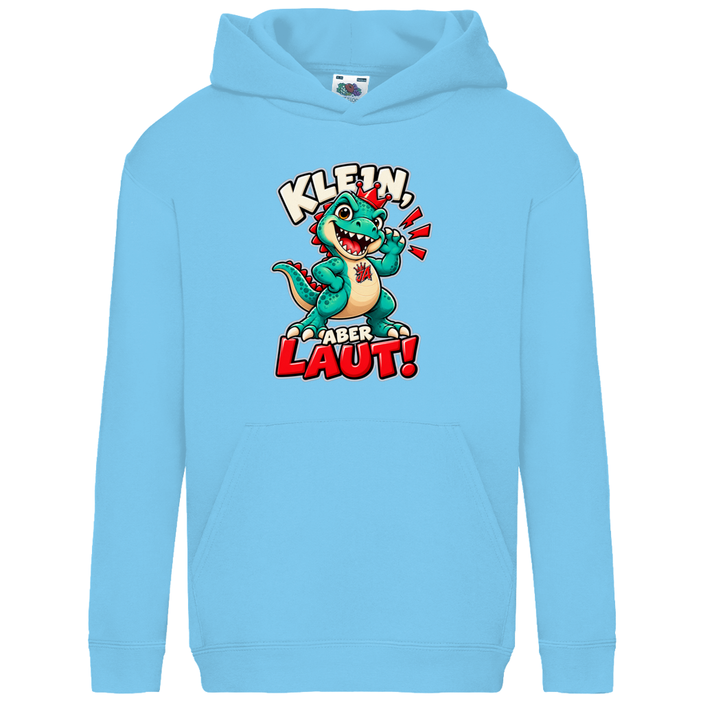 JA Jano Klein aber laut – Kinder-Hoodie in Himmelblau, Vorderansicht, Frontdruck: Jano, der JA-Dino: „Klein, aber laut!“ – Kindermotiv mit großer Klappe