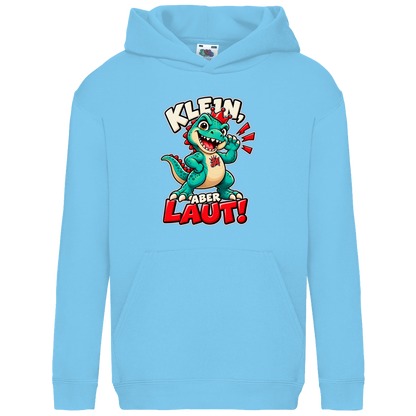 JA Jano Klein aber laut – Kinder-Hoodie in Himmelblau, Vorderansicht, Frontdruck: Jano, der JA-Dino: „Klein, aber laut!“ – Kindermotiv mit großer Klappe