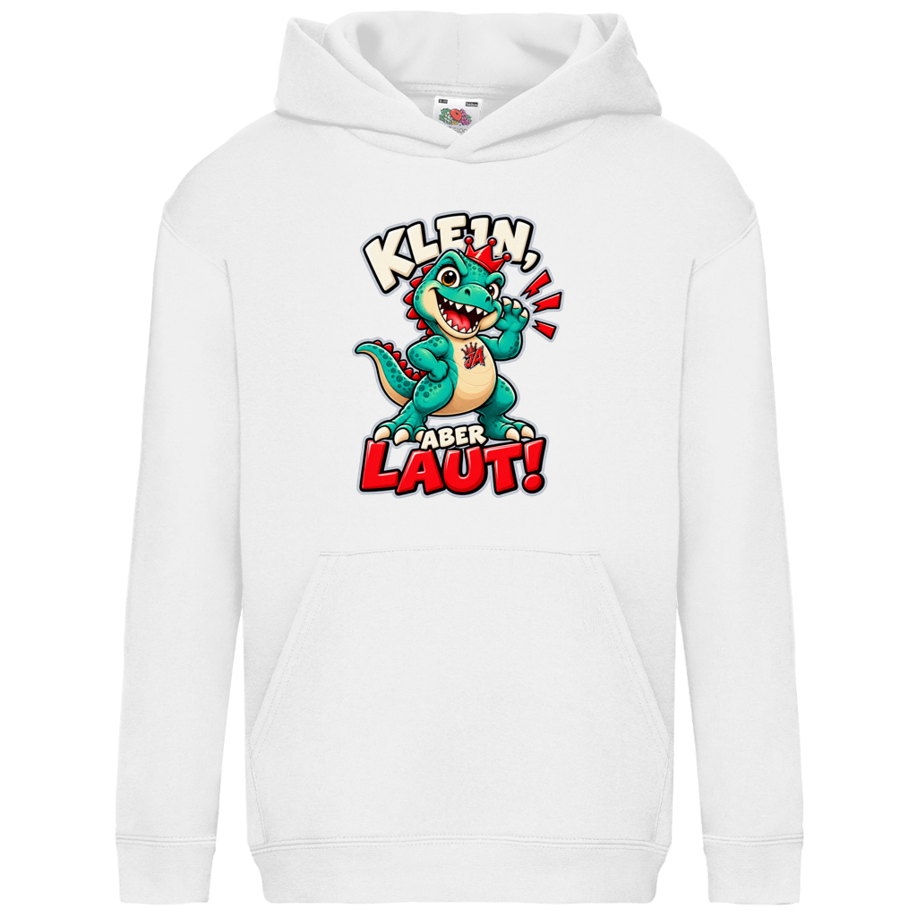 JA Jano Klein aber laut – Kinder-Hoodie in Weiß, Vorderansicht, Frontdruck: Jano, der JA-Dino: „Klein, aber laut!“ – Kindermotiv mit großer Klappe