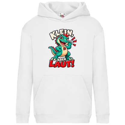 JA Jano Klein aber laut – Kinder-Hoodie in Weiß, Vorderansicht, Frontdruck: Jano, der JA-Dino: „Klein, aber laut!“ – Kindermotiv mit großer Klappe