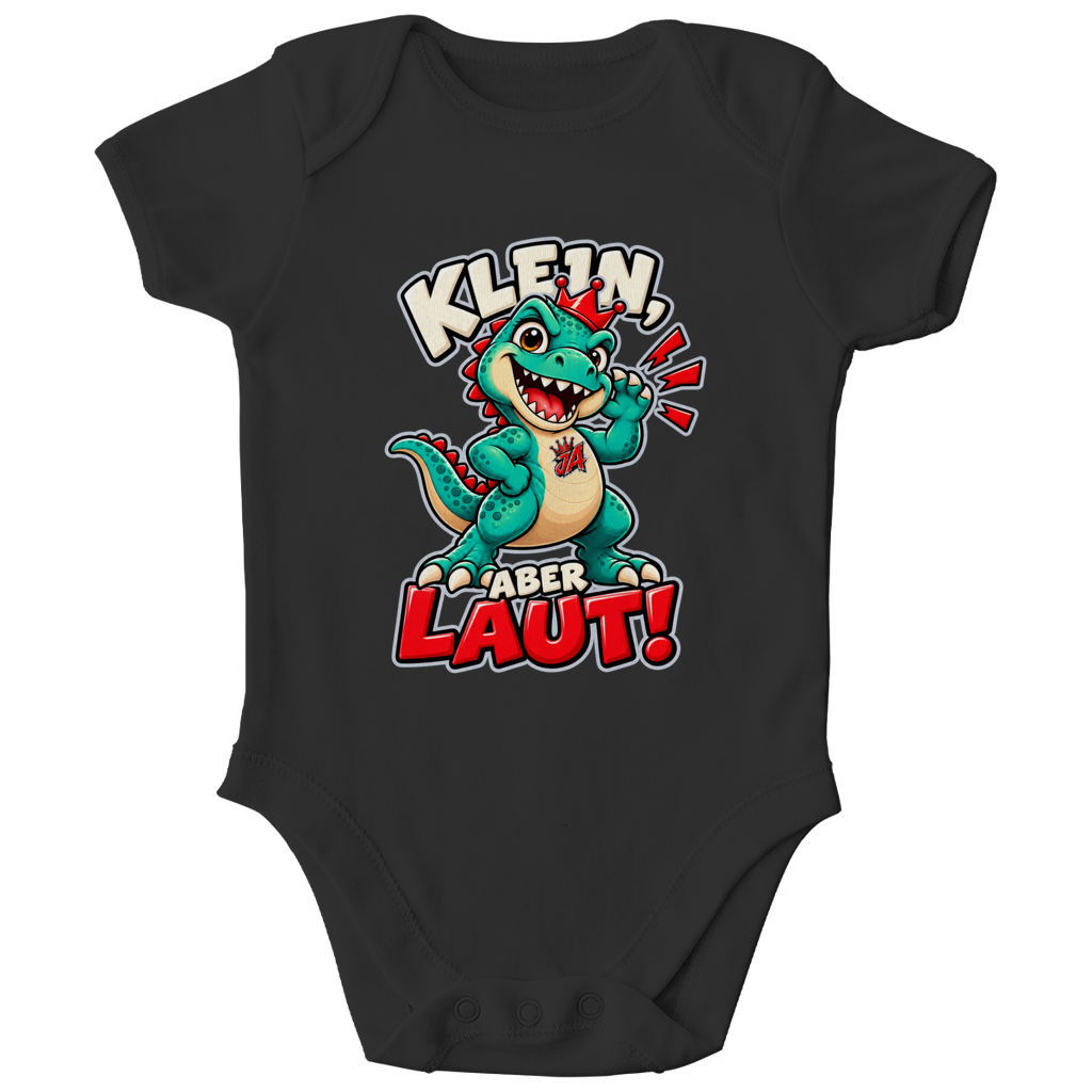 JA Jano Klein aber laut – Baby-Body in Schwarz, Vorderansicht, Frontdruck: Jano, der JA-Dino: „Klein, aber laut!“ – Kindermotiv mit großer Klappe