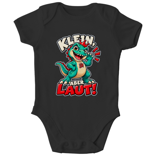 JA Jano Klein aber laut – Baby-Body in Schwarz, Vorderansicht, Frontdruck: Jano, der JA-Dino: „Klein, aber laut!“ – Kindermotiv mit großer Klappe