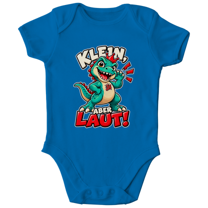 JA Jano Klein aber laut – Baby-Body in Kobaltblau, Vorderansicht, Frontdruck: Jano, der JA-Dino: „Klein, aber laut!“ – Kindermotiv mit großer Klappe