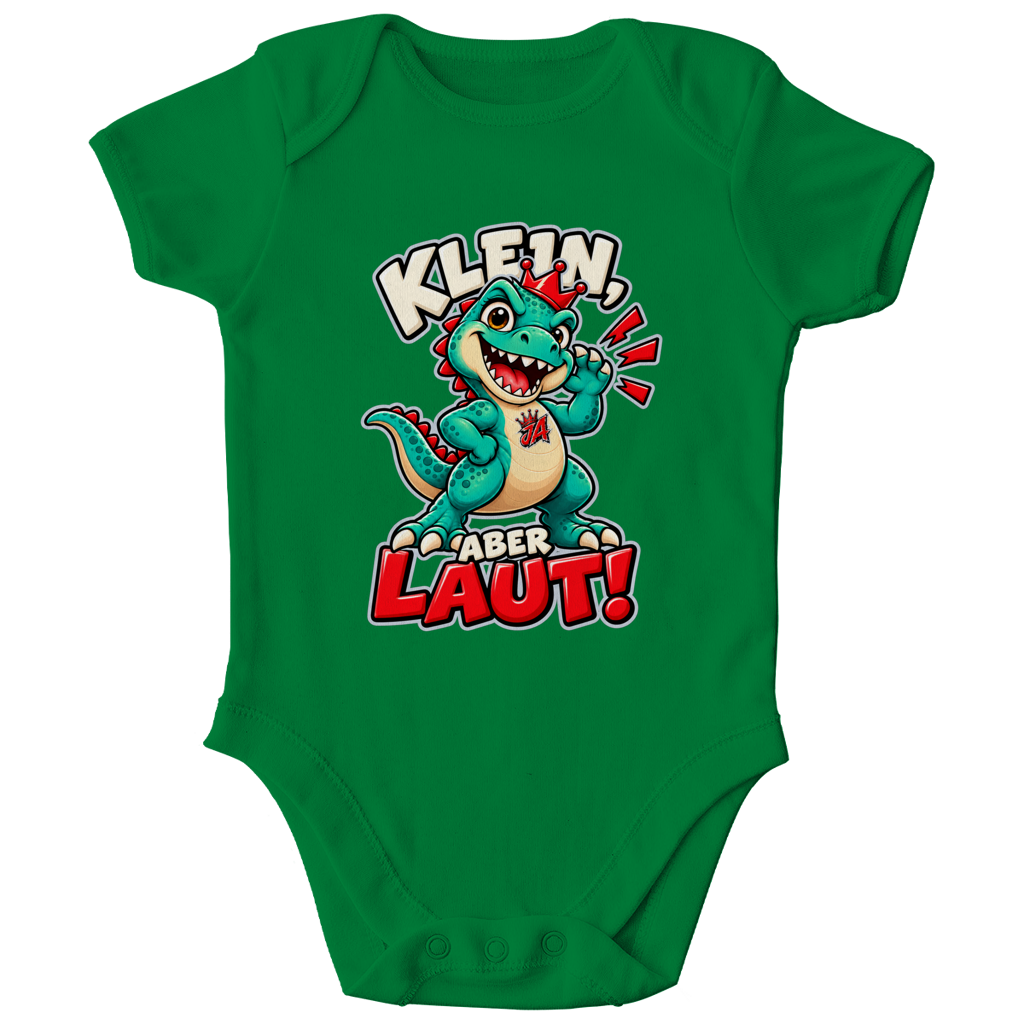 JA Jano Klein aber laut – Baby-Body in Kellygrün, Vorderansicht, Frontdruck: Jano, der JA-Dino: „Klein, aber laut!“ – Kindermotiv mit großer Klappe