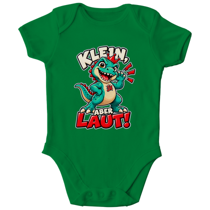 JA Jano Klein aber laut – Baby-Body in Kellygrün, Vorderansicht, Frontdruck: Jano, der JA-Dino: „Klein, aber laut!“ – Kindermotiv mit großer Klappe