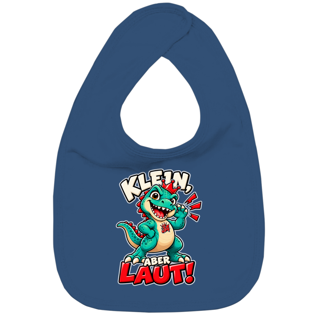 JA Jano Klein aber laut – Lätzchen in Marineblau, Vorderansicht, Frontdruck: Jano, der JA-Dino: „Klein, aber laut!“ – Kindermotiv mit großer Klappe