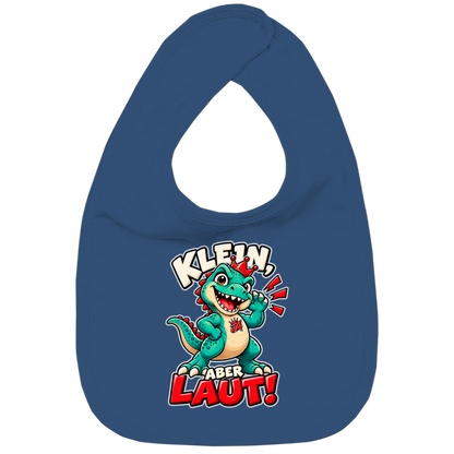 JA Jano Klein aber laut – Lätzchen in Marineblau, Vorderansicht, Frontdruck: Jano, der JA-Dino: „Klein, aber laut!“ – Kindermotiv mit großer Klappe