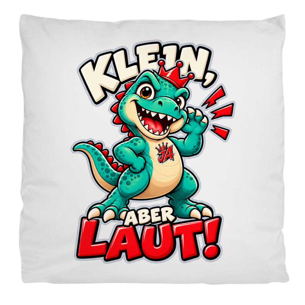 JA Jano Klein aber laut – Flauschkissen in Cremeweiß, Aufdruck: Jano, der JA-Dino: „Klein, aber laut!“ – Kindermotiv mit großer Klappe