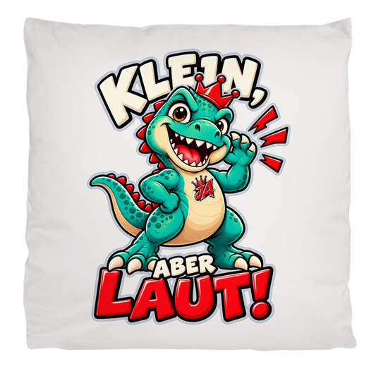 JA Jano Klein aber laut – Flauschkissen in Cremeweiß, Aufdruck: Jano, der JA-Dino: „Klein, aber laut!“ – Kindermotiv mit großer Klappe