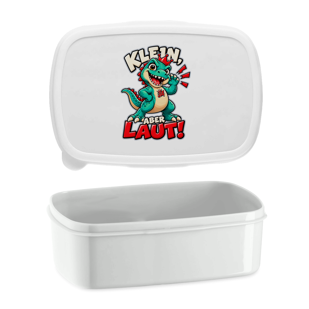 JA Jano Klein aber laut – Lunchbox in Weiß, Aufdruck: Jano, der JA-Dino: „Klein, aber laut!“ – Kindermotiv mit großer Klappe