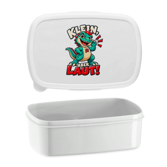 JA Jano Klein aber laut – Lunchbox in Weiß, Aufdruck: Jano, der JA-Dino: „Klein, aber laut!“ – Kindermotiv mit großer Klappe