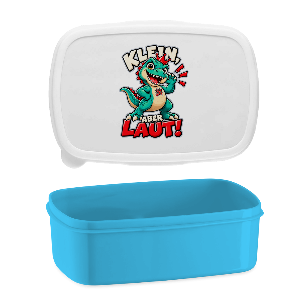 JA Jano Klein aber laut – Lunchbox in Blau, Aufdruck: Jano, der JA-Dino: „Klein, aber laut!“ – Kindermotiv mit großer Klappe