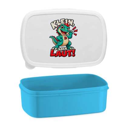 JA Jano Klein aber laut – Lunchbox in Blau, Aufdruck: Jano, der JA-Dino: „Klein, aber laut!“ – Kindermotiv mit großer Klappe