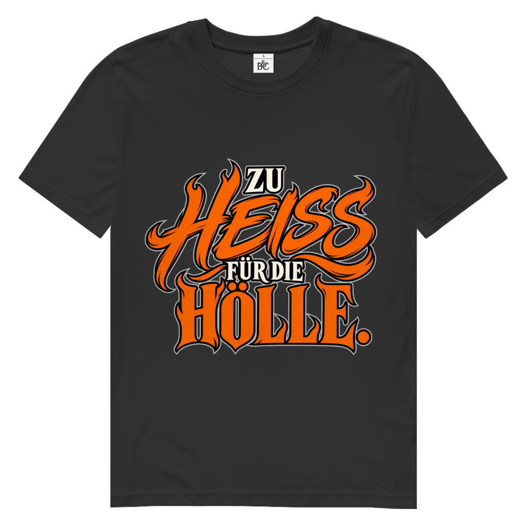JA Höllenheiß – Herren-Bio-T-Shirt in Schwarz, Vorderansicht, Frontdruck: Flammen-Schriftzug „Zu heiß für die Hölle“ in Orange