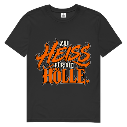 JA Höllenheiß – Herren-Bio-T-Shirt in Schwarz, Vorderansicht, Frontdruck: Flammen-Schriftzug „Zu heiß für die Hölle“ in Orange