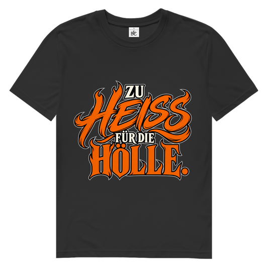 JA Höllenheiß – Herren-Bio-T-Shirt in Schwarz, Vorderansicht, Frontdruck: Flammen-Schriftzug „Zu heiß für die Hölle“ in Orange