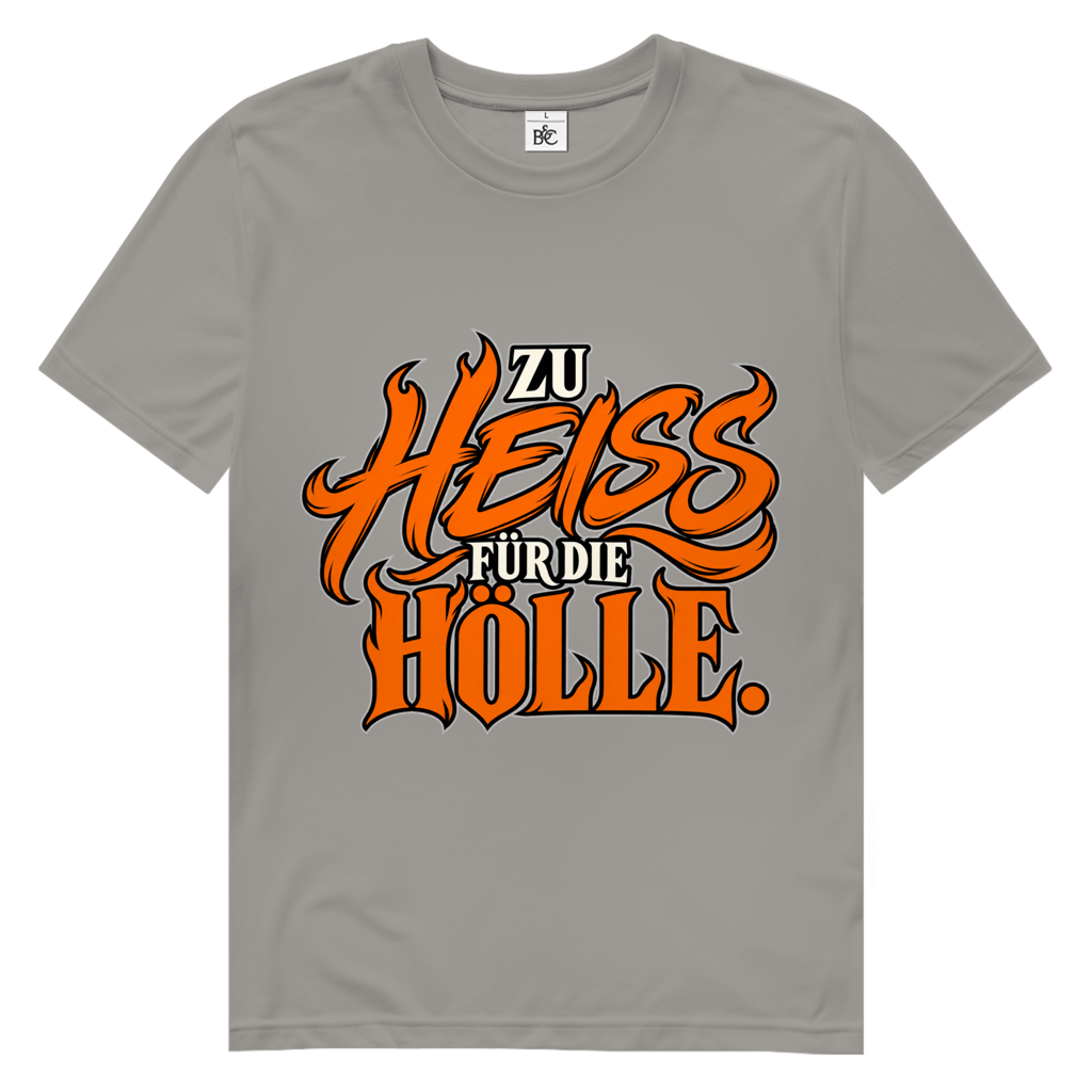 JA Höllenheiß – Herren-Bio-T-Shirt in Hellgrau, Vorderansicht, Frontdruck: Flammen-Schriftzug „Zu heiß für die Hölle“ in Orange