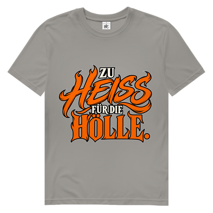 JA Höllenheiß – Herren-Bio-T-Shirt in Hellgrau, Vorderansicht, Frontdruck: Flammen-Schriftzug „Zu heiß für die Hölle“ in Orange