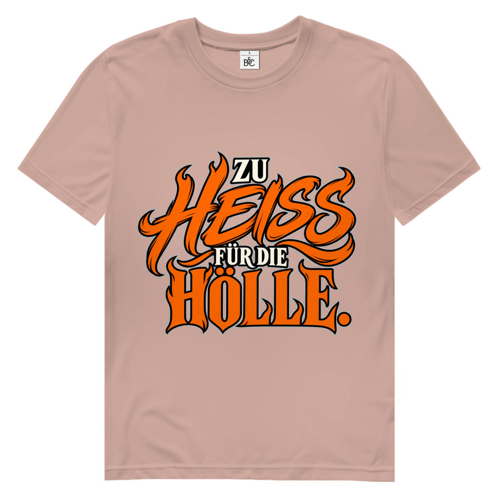 JA Höllenheiß – Herren-Bio-T-Shirt in Altrosa, Vorderansicht, Frontdruck: Flammen-Schriftzug „Zu heiß für die Hölle“ in Orange