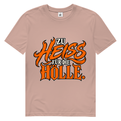 JA Höllenheiß – Herren-Bio-T-Shirt in Altrosa, Vorderansicht, Frontdruck: Flammen-Schriftzug „Zu heiß für die Hölle“ in Orange