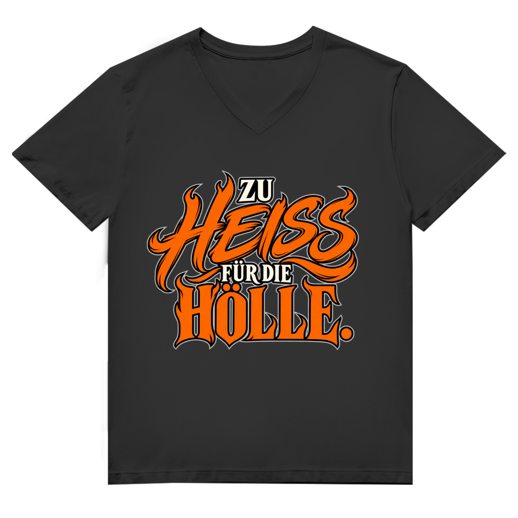 JA Höllenheiß – Herren-Bio-V-Neck-Shirt in Schwarz, Vorderansicht, Frontdruck: Flammen-Schriftzug „Zu heiß für die Hölle“ in Orange