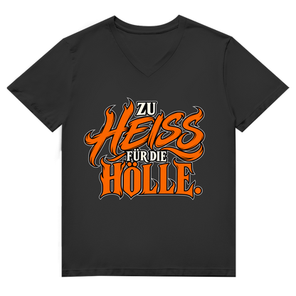JA Höllenheiß – Herren-Bio-V-Neck-Shirt in Schwarz, Vorderansicht, Frontdruck: Flammen-Schriftzug „Zu heiß für die Hölle“ in Orange