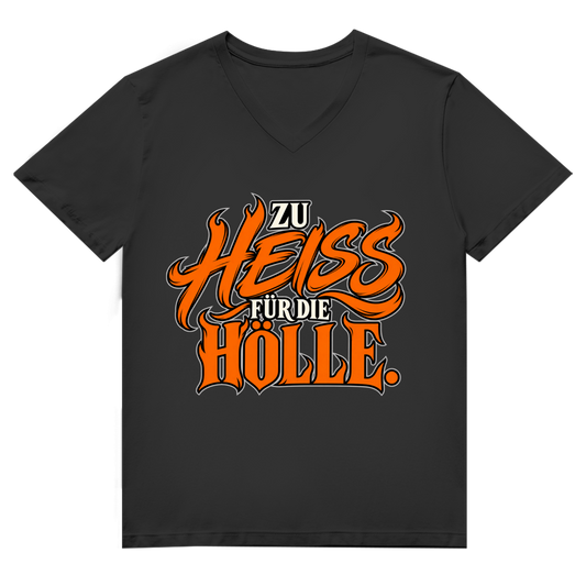 JA Höllenheiß – Herren-Bio-V-Neck-Shirt in Schwarz, Vorderansicht, Frontdruck: Flammen-Schriftzug „Zu heiß für die Hölle“ in Orange