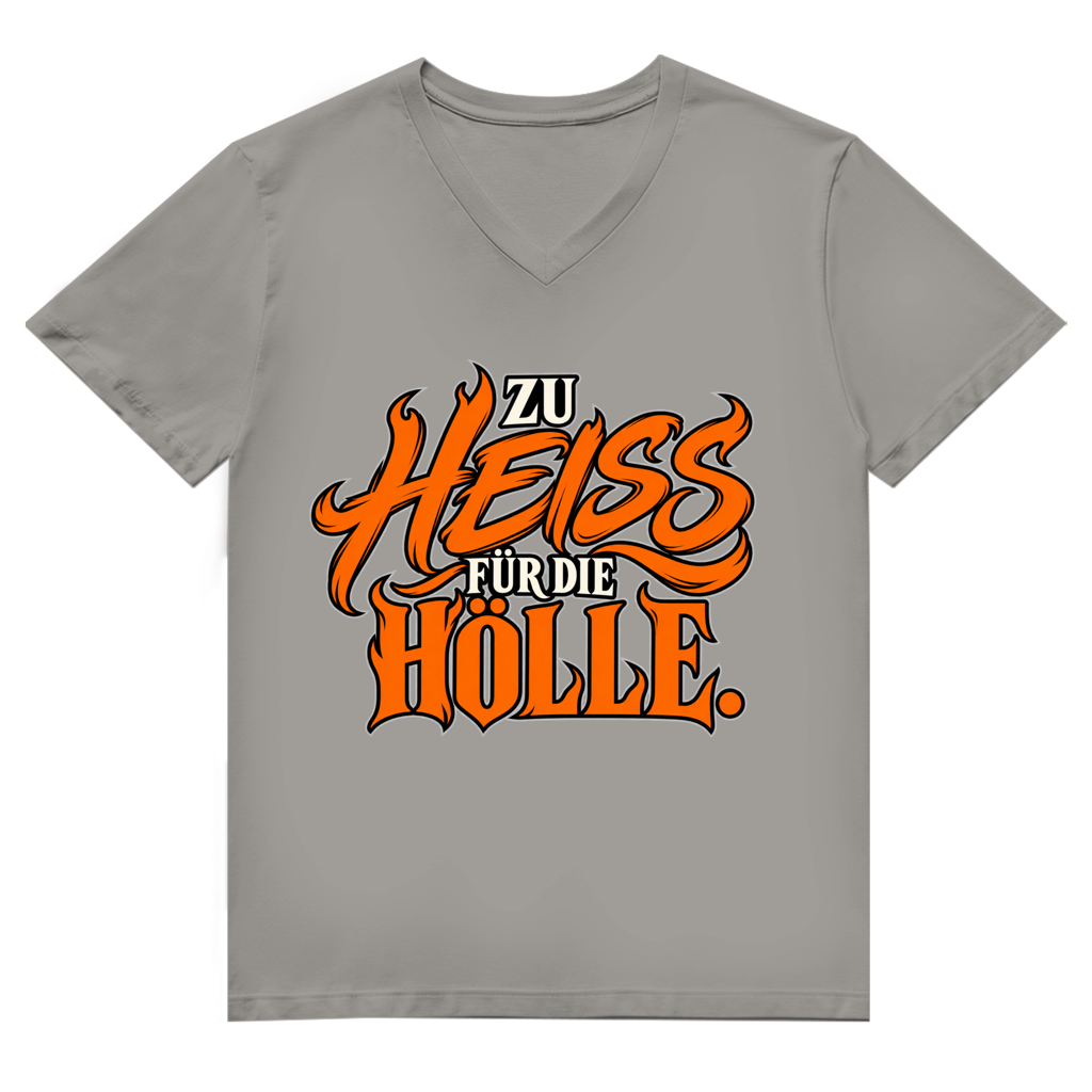 JA Höllenheiß – Herren-Bio-V-Neck-Shirt in Hellgrau, Vorderansicht, Frontdruck: Flammen-Schriftzug „Zu heiß für die Hölle“ in Orange