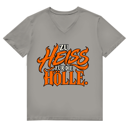 JA Höllenheiß – Herren-Bio-V-Neck-Shirt in Hellgrau, Vorderansicht, Frontdruck: Flammen-Schriftzug „Zu heiß für die Hölle“ in Orange