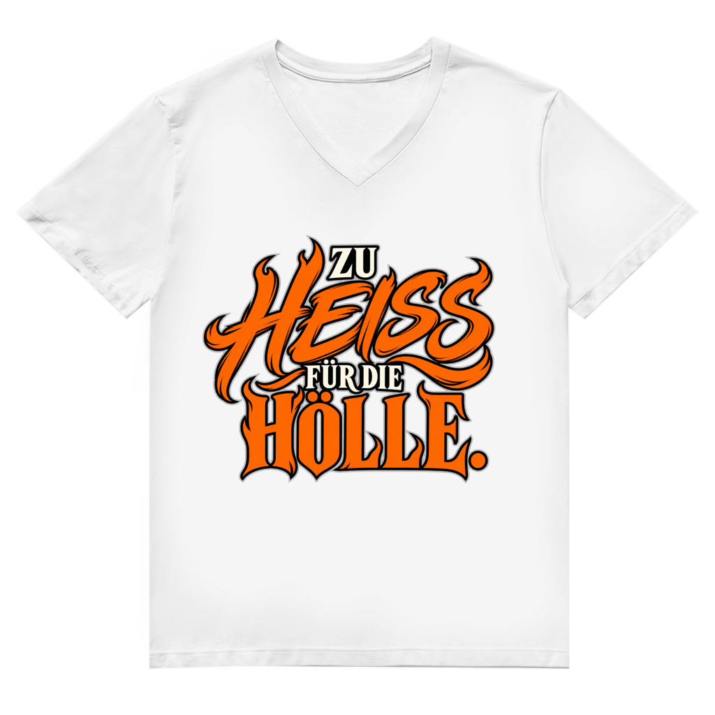JA Höllenheiß – Herren-Bio-V-Neck-Shirt in Weiß, Vorderansicht, Frontdruck: Flammen-Schriftzug „Zu heiß für die Hölle“ in Orange