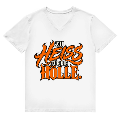 JA Höllenheiß – Herren-Bio-V-Neck-Shirt in Weiß, Vorderansicht, Frontdruck: Flammen-Schriftzug „Zu heiß für die Hölle“ in Orange