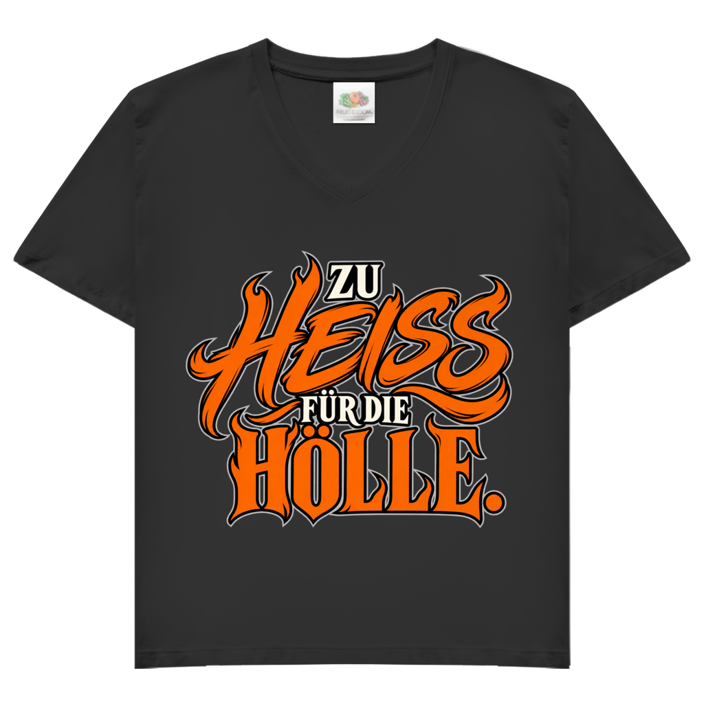 JA Höllenheiß – Damen-V-Neck-Shirt in Schwarz, Vorderansicht, Frontdruck: Flammen-Schriftzug „Zu heiß für die Hölle“ in Orange