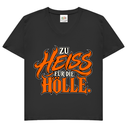 JA Höllenheiß – Damen-V-Neck-Shirt in Schwarz, Vorderansicht, Frontdruck: Flammen-Schriftzug „Zu heiß für die Hölle“ in Orange