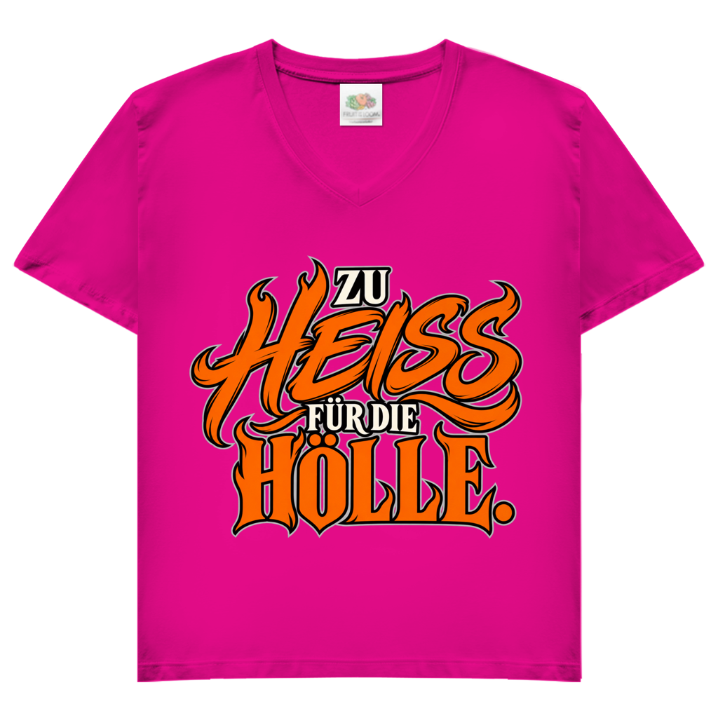 JA Höllenheiß – Damen-V-Neck-Shirt in Fuchsia, Vorderansicht, Frontdruck: Flammen-Schriftzug „Zu heiß für die Hölle“ in Orange