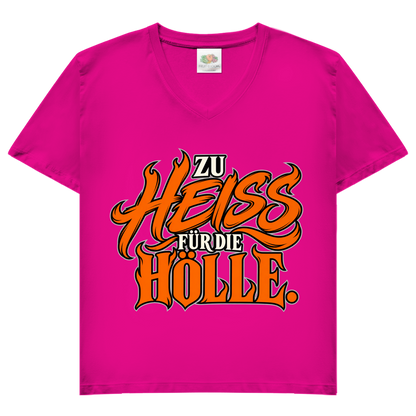 JA Höllenheiß – Damen-V-Neck-Shirt in Fuchsia, Vorderansicht, Frontdruck: Flammen-Schriftzug „Zu heiß für die Hölle“ in Orange