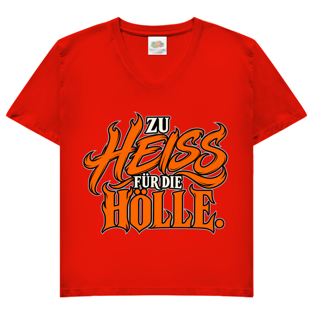JA Höllenheiß – Damen-V-Neck-Shirt in Rot, Vorderansicht, Frontdruck: Flammen-Schriftzug „Zu heiß für die Hölle“ in Orange