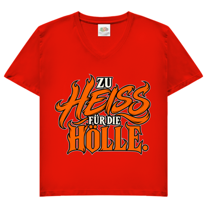 JA Höllenheiß – Damen-V-Neck-Shirt in Rot, Vorderansicht, Frontdruck: Flammen-Schriftzug „Zu heiß für die Hölle“ in Orange