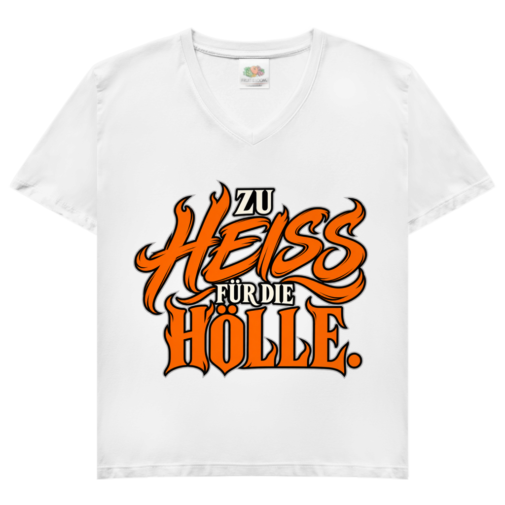 JA Höllenheiß – Damen-V-Neck-Shirt in Weiß, Vorderansicht, Frontdruck: Flammen-Schriftzug „Zu heiß für die Hölle“ in Orange