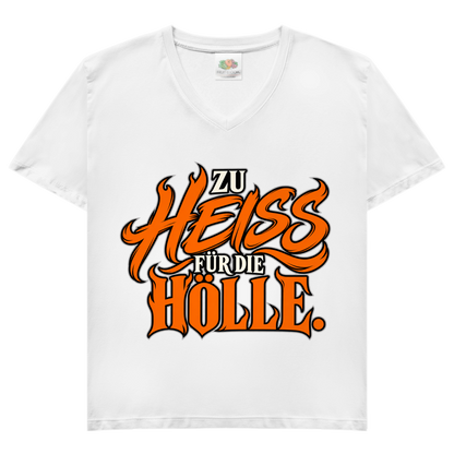 JA Höllenheiß – Damen-V-Neck-Shirt in Weiß, Vorderansicht, Frontdruck: Flammen-Schriftzug „Zu heiß für die Hölle“ in Orange