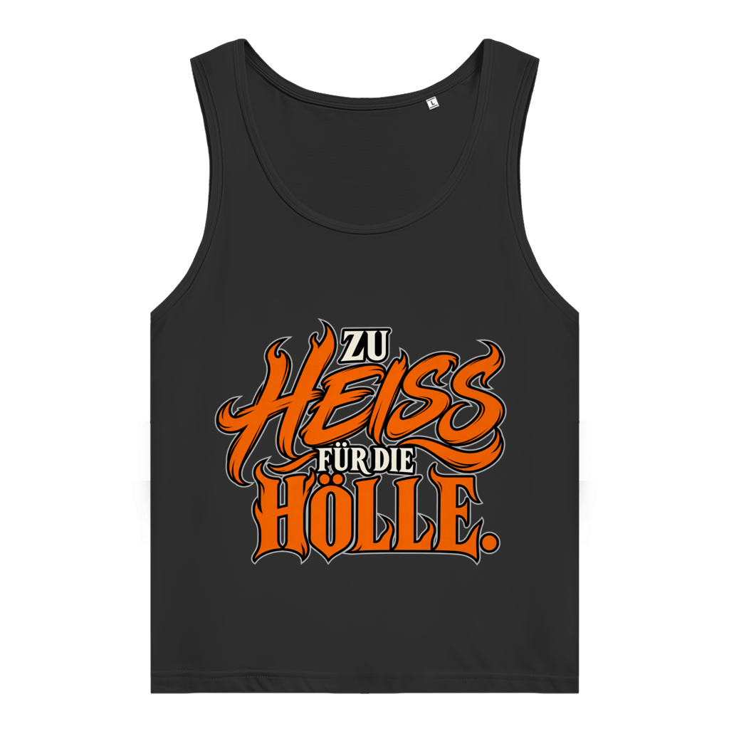 JA Höllenheiß – Damen-Bio-Tanktop in Schwarz, Vorderansicht, Frontdruck: Flammen-Schriftzug „Zu heiß für die Hölle“ in Orange
