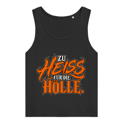 JA Höllenheiß – Damen-Bio-Tanktop in Schwarz, Vorderansicht, Frontdruck: Flammen-Schriftzug „Zu heiß für die Hölle“ in Orange