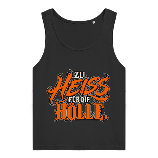 JA Höllenheiß – Damen-Bio-Tanktop in Schwarz, Vorderansicht, Frontdruck: Flammen-Schriftzug „Zu heiß für die Hölle“ in Orange