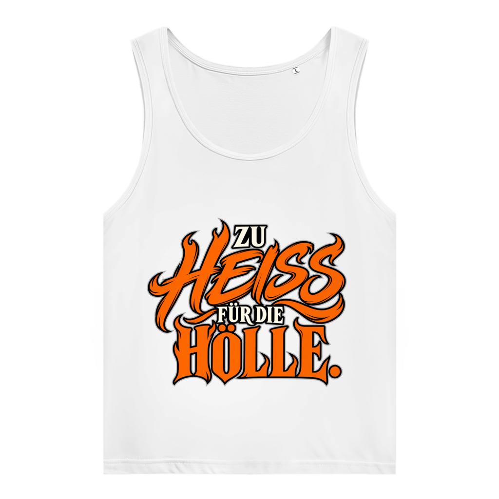 JA Höllenheiß – Damen-Bio-Tanktop in Weiß, Vorderansicht, Frontdruck: Flammen-Schriftzug „Zu heiß für die Hölle“ in Orange